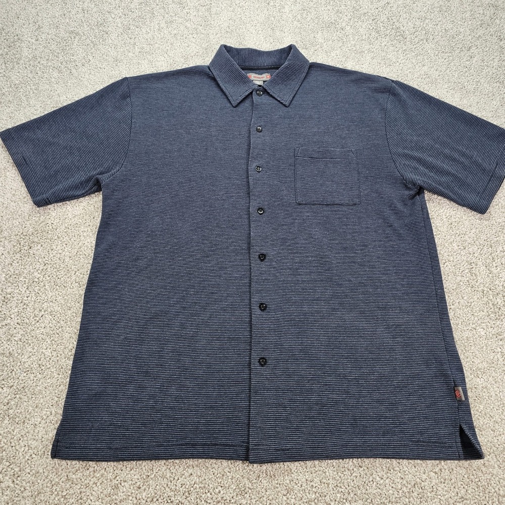 Vtg OMM Y2K Mens‎ XL Blue Button Up Polo Shirt Short Sleeve Pocket Casual